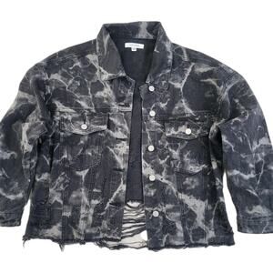 12th Tribe Womens Distressed Tie-Dye Oversized Denim Jacket Black White Size S/M